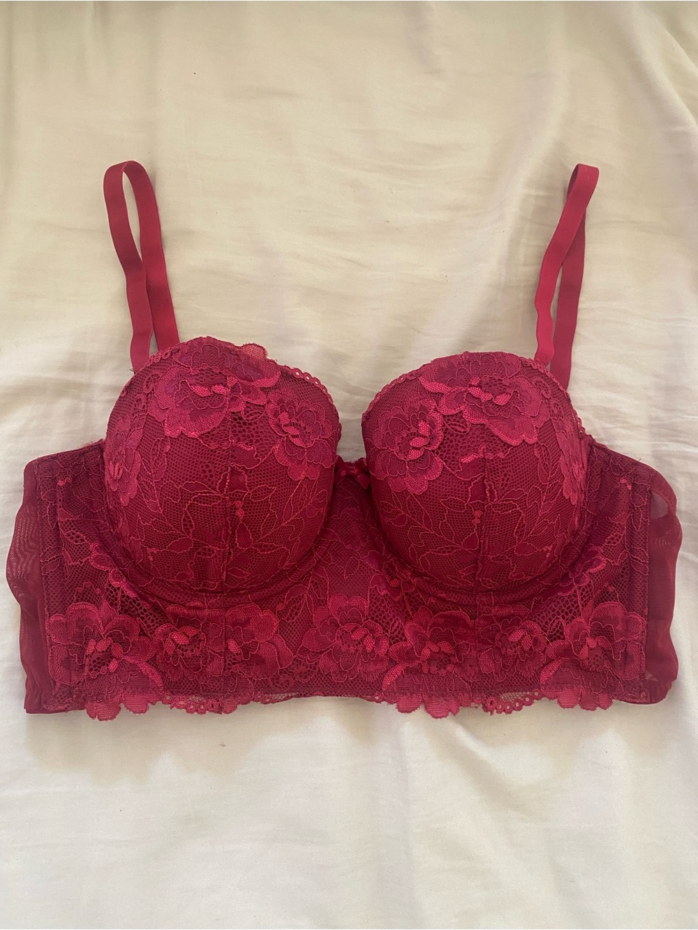 H&M Floral Lace Longline Bra - Red, Size 34D